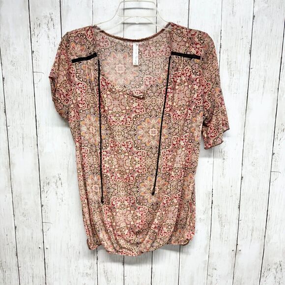 Perseption Concept Blouse Size L Swoop Neck Short Sleeve Floral Orange Ruffled - Picture 1 of 3